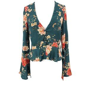 New Flynn Skye Abstract Emerald Blouse XS Long Bell Sleeve Floral Rayon Top